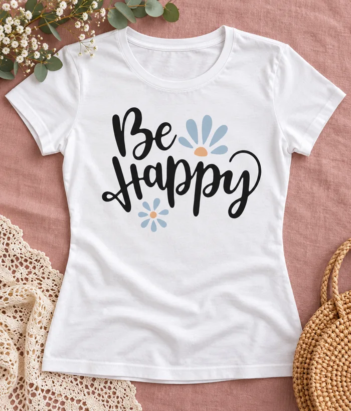 Camiseta Be happy, Blanca